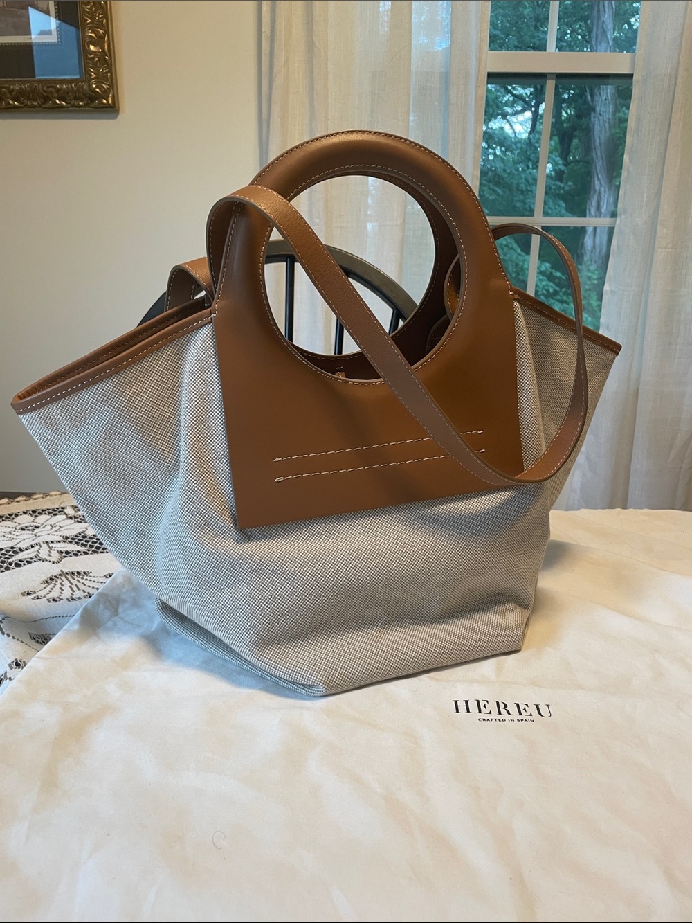 Hereu Cala S Cream Canvas Tote Tan Leather Trim Top Handles Strap Bag